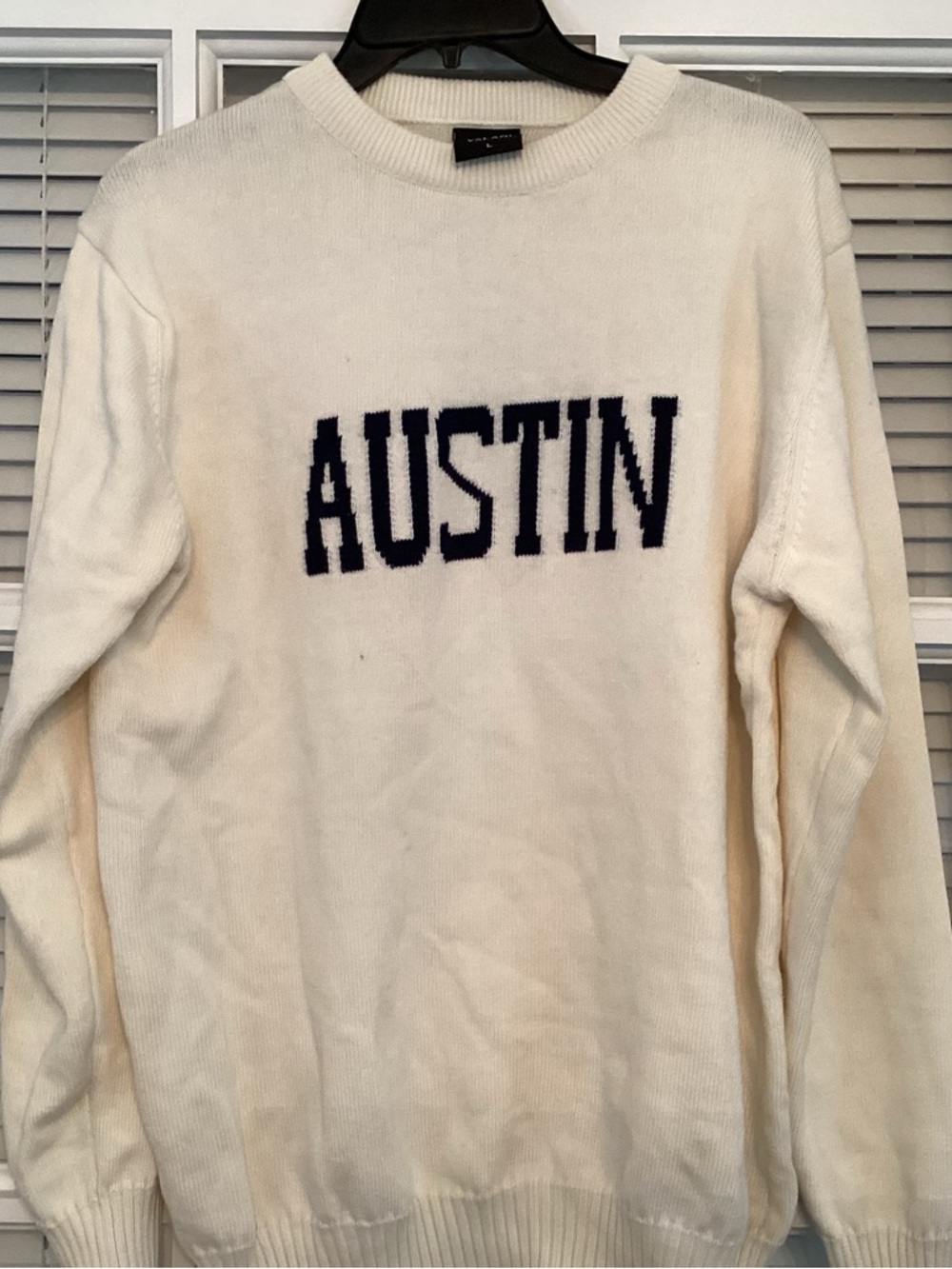 AUSTIN Cream Knit Crewneck Sweater with Navy Lettering